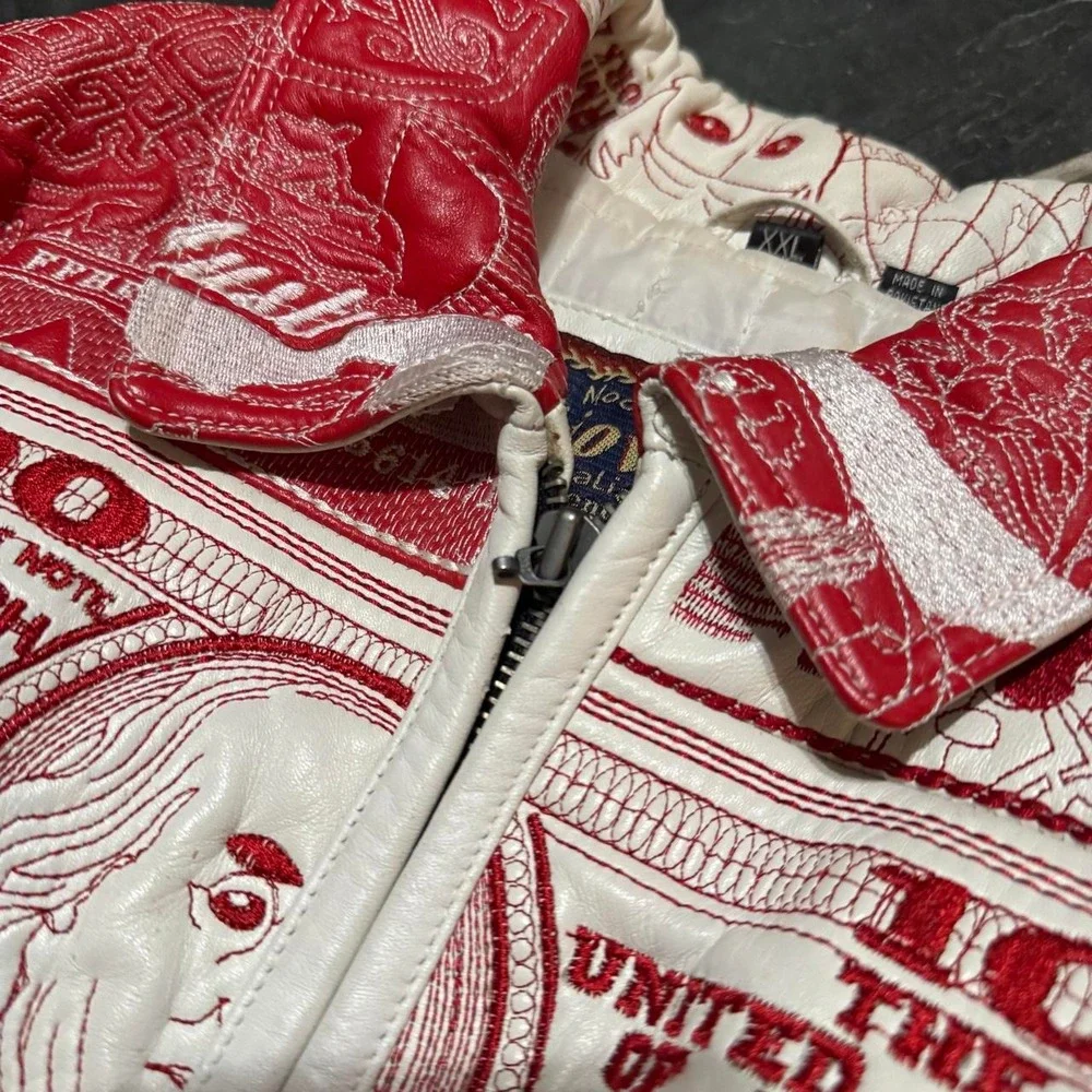 VINTAGE 90s Giovanni Leather AOP Embroidered Currency/Dollar Bill Jacket - Large